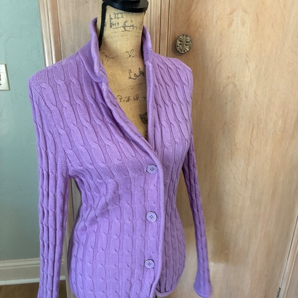 Talbots Purple Merino Wool Cable Cardigan Sweater - Picture 2 of 15